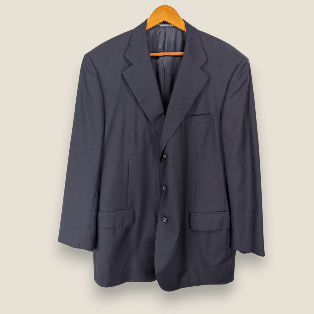 Ermenegildo Zegna Pinstripe Wool Blazer Suit Jacket Men 46L (56L) Navy Worsted